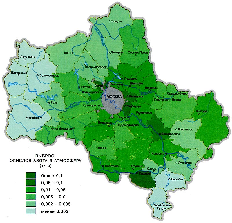 Карта загрязнения воздуха окисями азота в Москве и Подмосковье